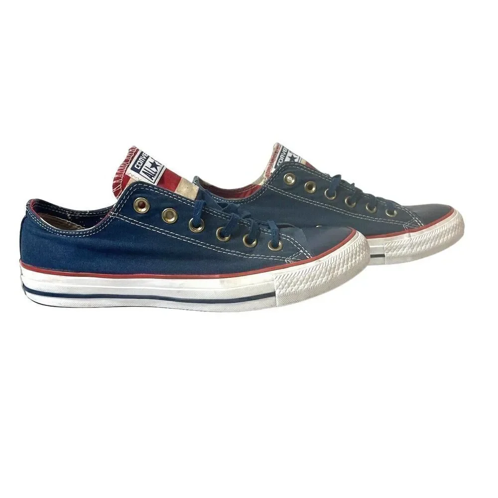 Converse All Star Skate Shoe Men 7 Blue Red Cream Striped Tongue Low Top Lace Up